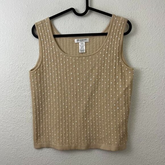 beige beaded sequin vintage 90s stretchy cropped tank top - Picture 3 of 8